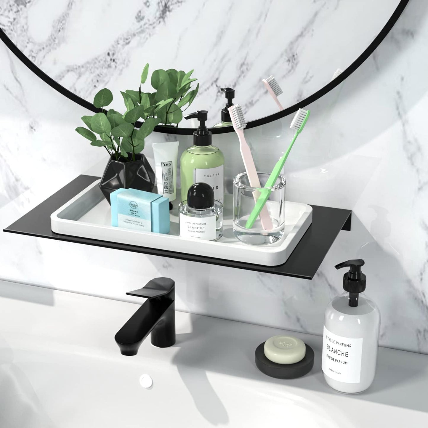 Bathroom Vanity Tray for Countertop - Bamboo Organizer Tray for Dresser Tops, Toilet, Perfume Small Decorative Tray Wood Tray for Home Decoration 11.81” L x 6.1” W x 0.79” H Black