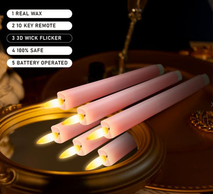 KSWING Upgraded Real Wax Short LED Flameless Taper Candles with Remote, 6 PCS White Candlesticks Battery Operated 3D Flickering - 6" Realistic Fake Candle Sticks for Home/Wedding/Fireplace Xmas Decor