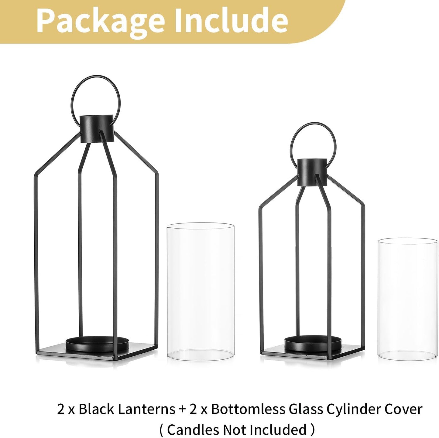 Nuptio Decorative Lantern Candle Holder: 2 Pcs Glass Hurricane Pillar Candles Holders Rustic Black Metal Hanging Lanterns Decor for Outdoor Wedding Farmhouse Home Fireplace Christmas Halloween