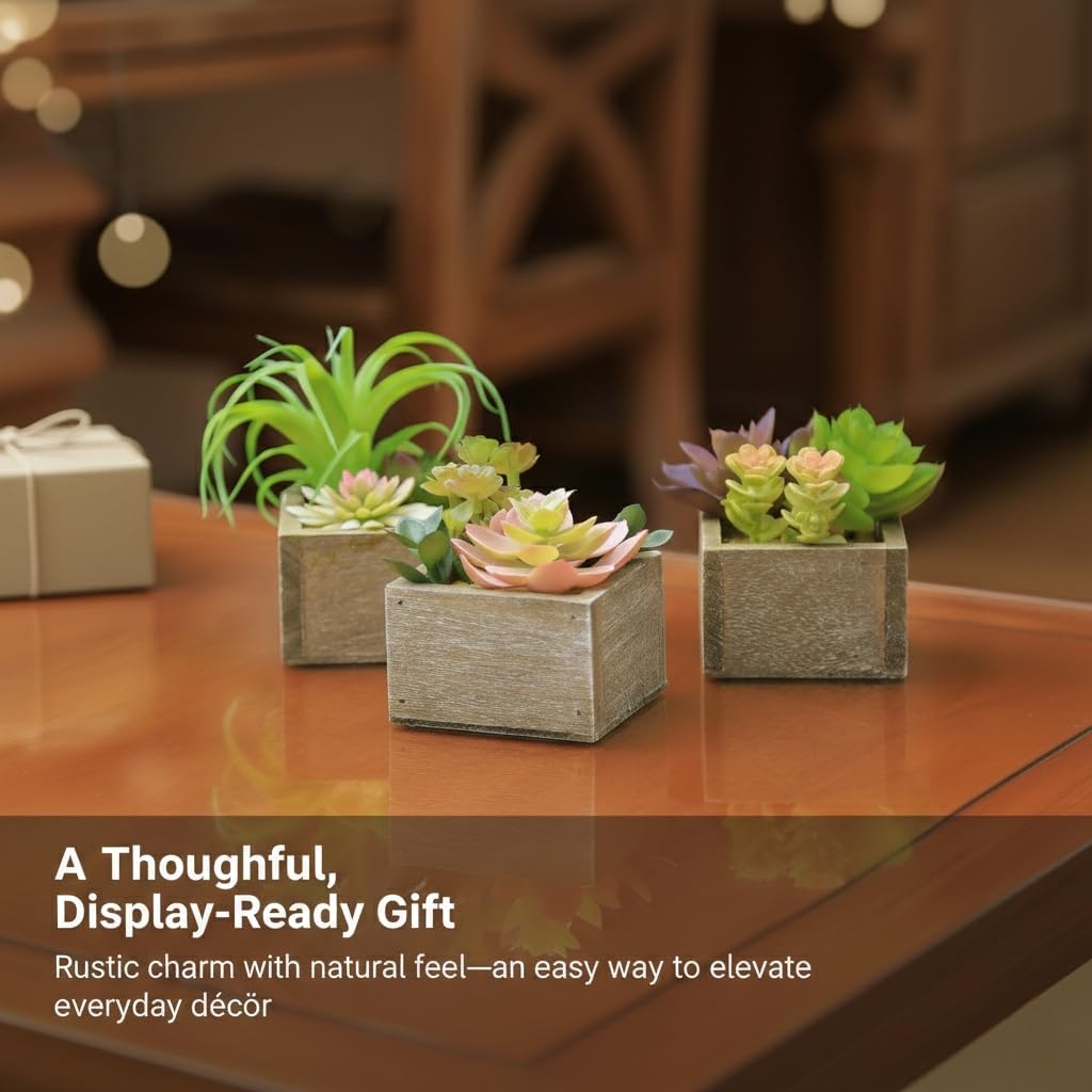 Succulent Plants Artificial, 3 Pack Small Fake Plants in Wood Pot for Home Decor, Farmhouse Artificial Plants Indoor for Living Room Bathroom Bedroom Office Kitchen Desk Wedding Coffee Table Decor