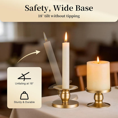 Pillar & Taper Dual Candle Holder: Fit 3"D and 0.87"D Candles - Stable Wide Base & Easy Clean - Smooth Metal Texture Candlestick for Wedding Home Holiday Table Centerpiece Decor - Set of 3 Gift (Gold)