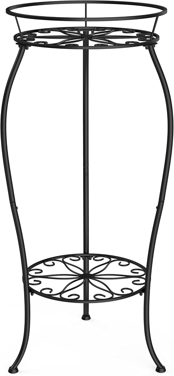 FaithLand 2 Pack Metal Plant Stands, Tall Planter Holder Indoor Outdoor, 2 Tier Round Potted Supports Rack, Corner Display Shelf Black