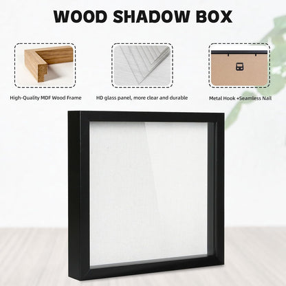 Muzilife 8x8 Shadow Box Picture Frame with Linen Board - Deep Wood & Glass Display Case Ready to Hang Memory Box Baby Sports Memorabilia, Pins, Awards, Medals, Wedding, Tickets and Photos (Black)