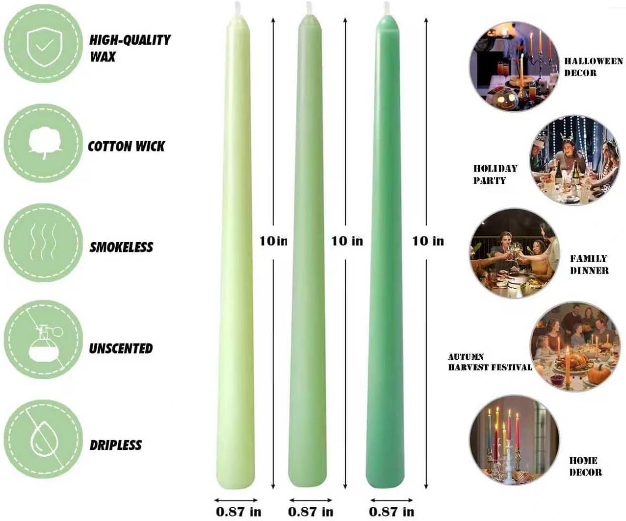 12-Pack Earth Tone Taper Candles, 10 Inch Unscented Dripless Candlesticks, Long-Lasting Burn Time of 7-8 Hours, Perfect for Fall Harvest Halloween Thanksgiving Dinners Parties and Home Décor