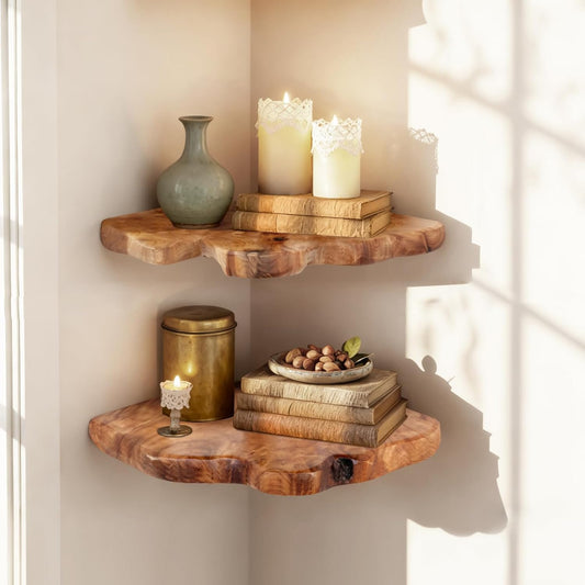 WELLAND Floating Corner Shelf Set of 2 Wall Mounted,10.86 x 11.5 inches for Living Room, Bedroom Bathroom, Rustic Space-Saving Corner Storage Shelf for Home Decor and Organization