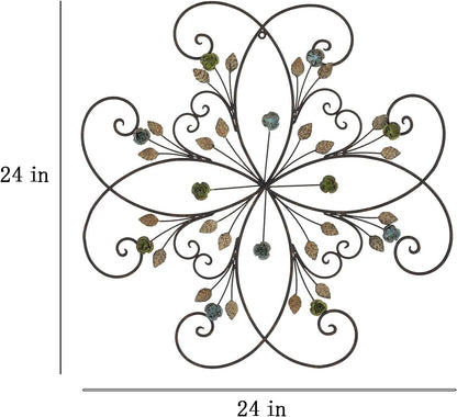 KUWIVO Lechesis 24" Metal Flower Scroll Wall Art Decor Sculptures with Rust Leaf for Living Room Bedroom