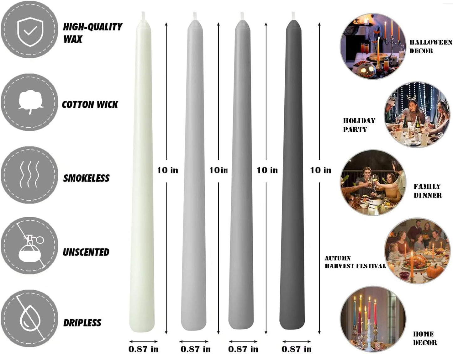 12-Pack Earth Tone Taper Candles, 10 Inch Unscented Dripless Candlesticks, Long-Lasting Burn Time of 7-8 Hours, Perfect for Fall Harvest Halloween Thanksgiving Dinners Parties and Home Décor