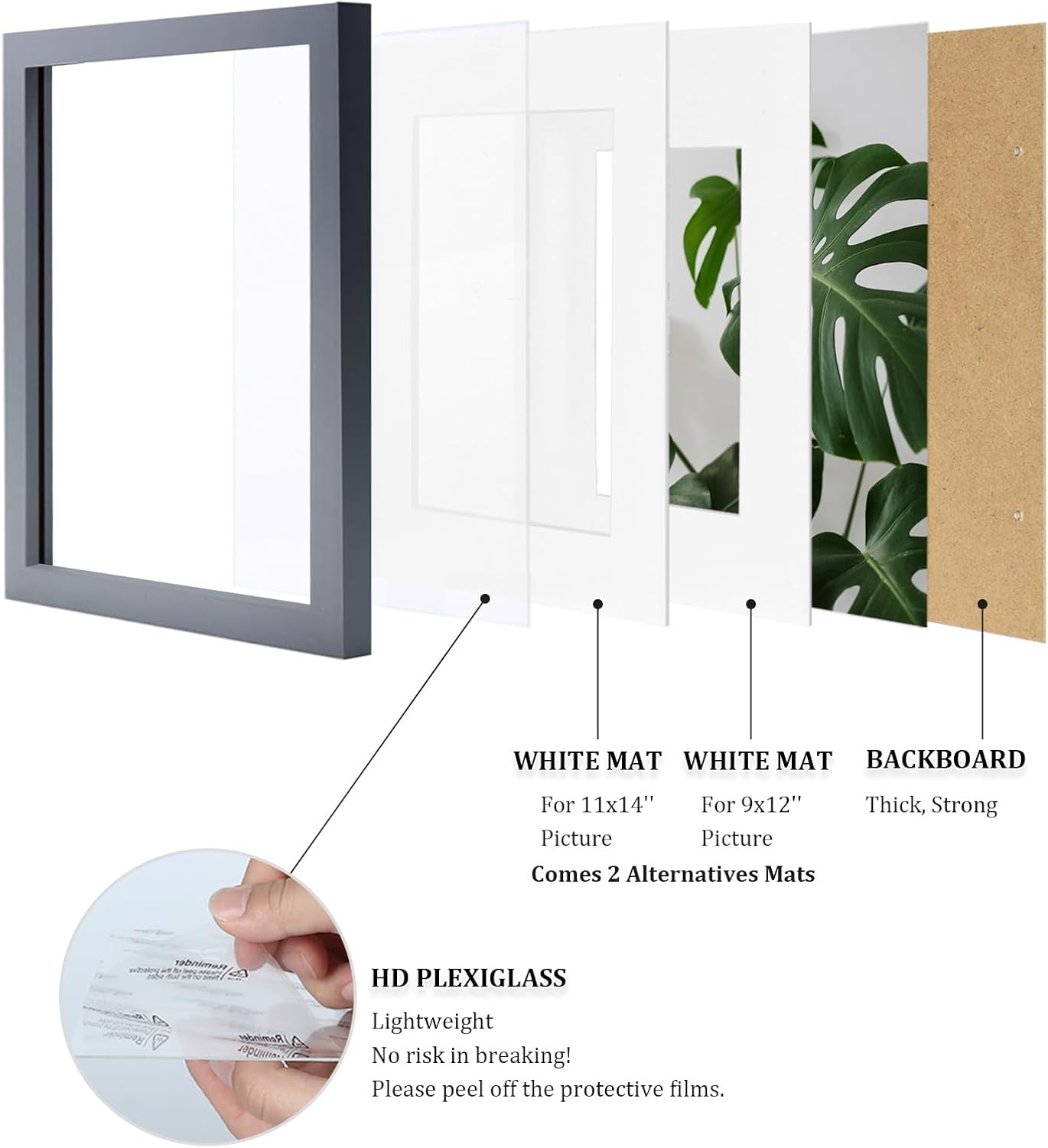 Egofine 12x16 Picture Frame Black, Covered by Plexiglass Made of Solid Wood, Display Pictures 9x12 and 11x14 with Mat or 12x16 Without Mat, for Wall Mounting Photo Frame - Colors B