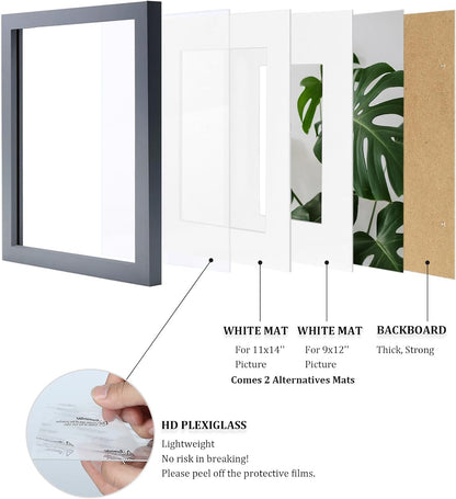 Egofine 12x16 Picture Frame Black, Covered by Plexiglass Made of Solid Wood, Display Pictures 9x12 and 11x14 with Mat or 12x16 Without Mat, for Wall Mounting Photo Frame - Colors B