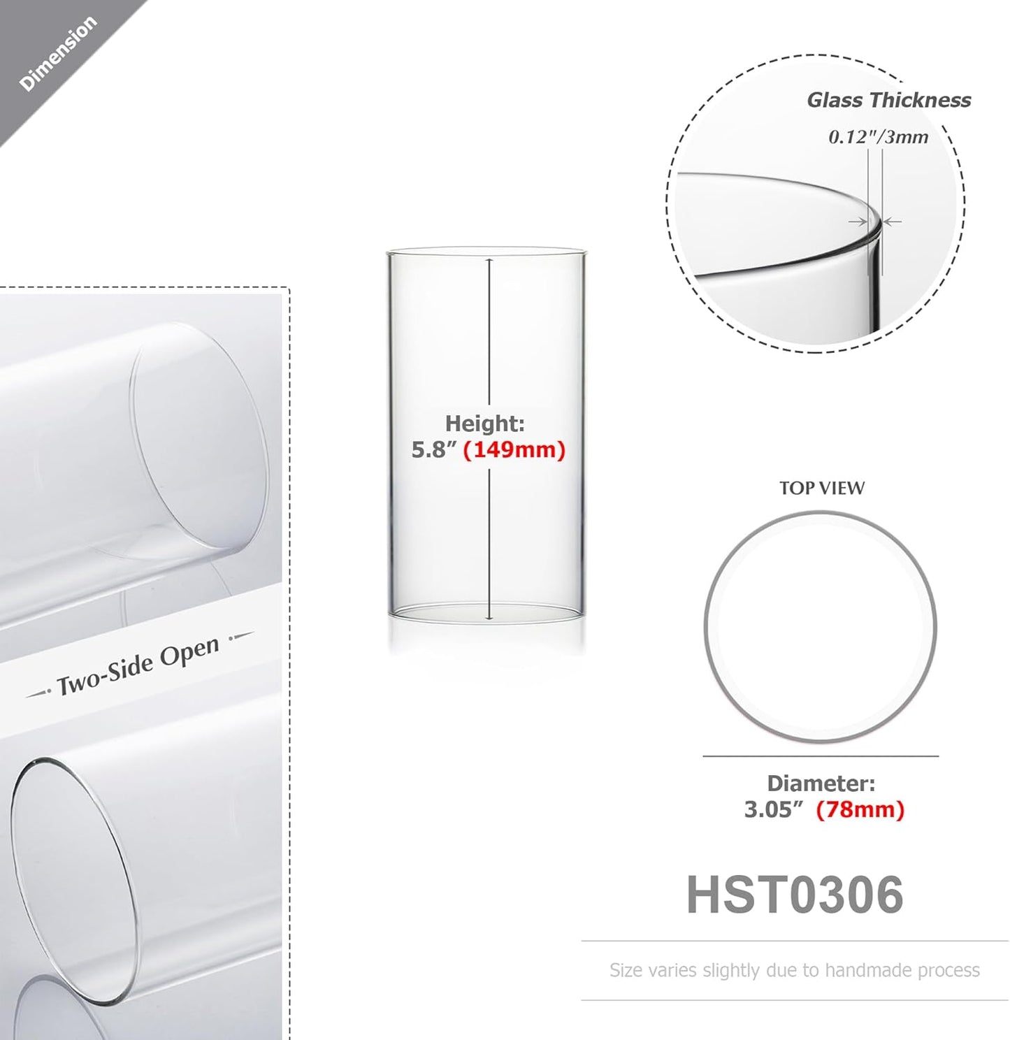 WGVI Hurricane Candle Holder Sleeve, Wide 4", Height 10", Clear Glass Cylinder Candleholder, Chimney Tube, Open Ended Candle Shade, 1 Piece - Colors A
