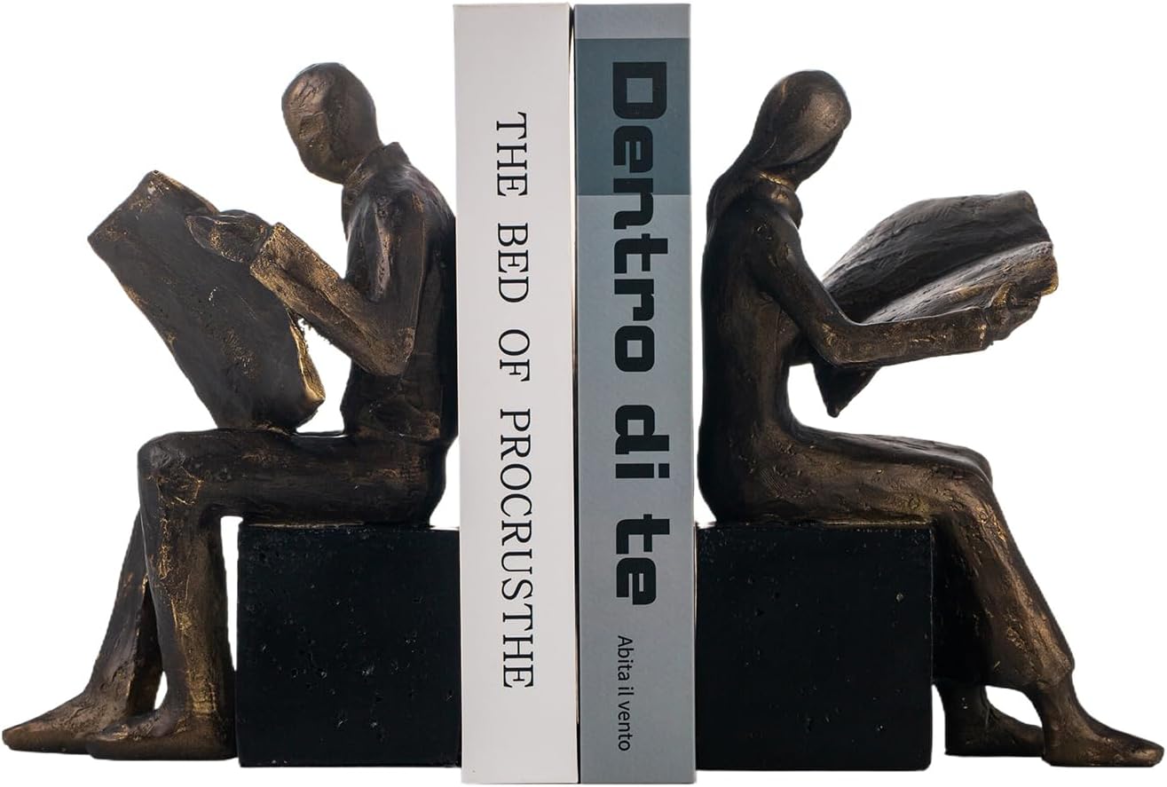 Lukitas Thinker Decorative Bookends, Non-Slip Book Holder, Book Ends for Shelves Living Room Office Home Decor, Resin, 1Pair/2Piece 9''