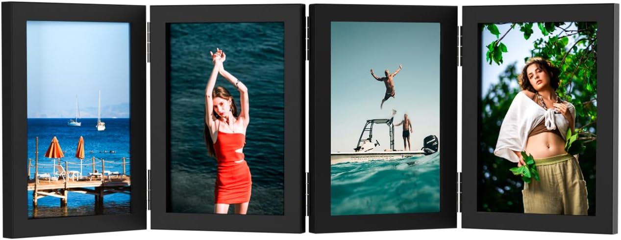 WARM&LOVE 6 Picture Frame, 4x6 & 4x4 Six Folding Hinged Photo Frames, Rustic Wood Desk Family Photo Collage Stand Vertical on Tabletop for Birthday Family Lover Gift (Black)