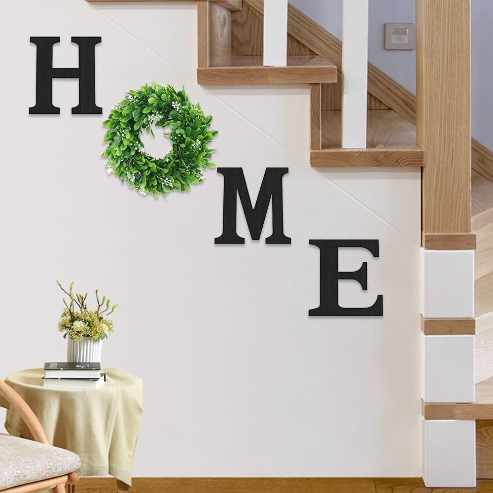 Pinkpum Wood Home Sign with Artificial Eucalyptus Wreath for O, Hanging Farmhouse Wall House Decor Wood Letters for Wall Art Rustic Home Decor, Wall Decor for Living Room Kitchen Entryway (Black)
