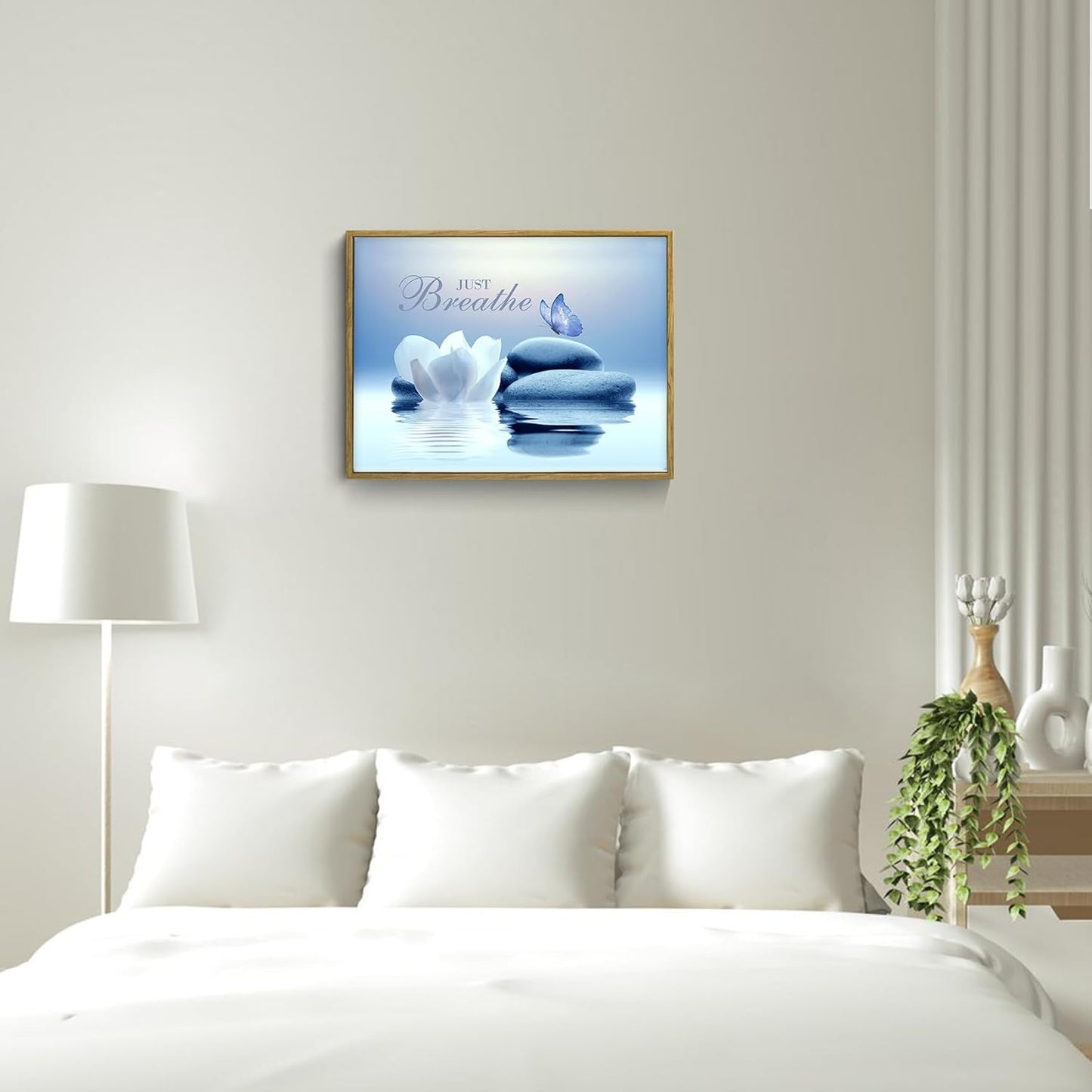 EOBTAIN Zen Flower Canvas Wall Art Bathroom Butterfly and Water Lily Stone Relaxing Spiritual Yoga Framed Wall Art Just Breathe Pictures Canvas Wall Decor for Living Room Bedroom,12x16 Inches