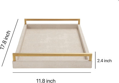 Ivory Shagreen Leather Serving Tray with Gold Handles-17.7x11.8 Inch Large Wooden Decorative Ottoman Tray fro Coffee Table, Kitchen, Dining, and Home Decor (Ivory)