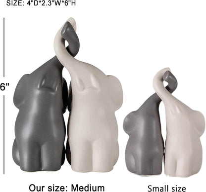 OwMell Set of 2 Loving Elephant Statue Figurine, 6" Elephant Ring Holder, Gifts for Couples Home Lucky Decor - Grey