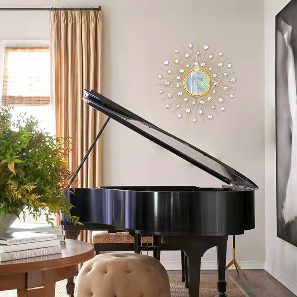Gold Sunburst Mirror for Wall Decor Metal Sun Wall Mirror Decorative with Crystal Diamond for Living Room Bedroom Entryway Large Circle Mid Century Modern Starburst Wall Hanging 24 Inch