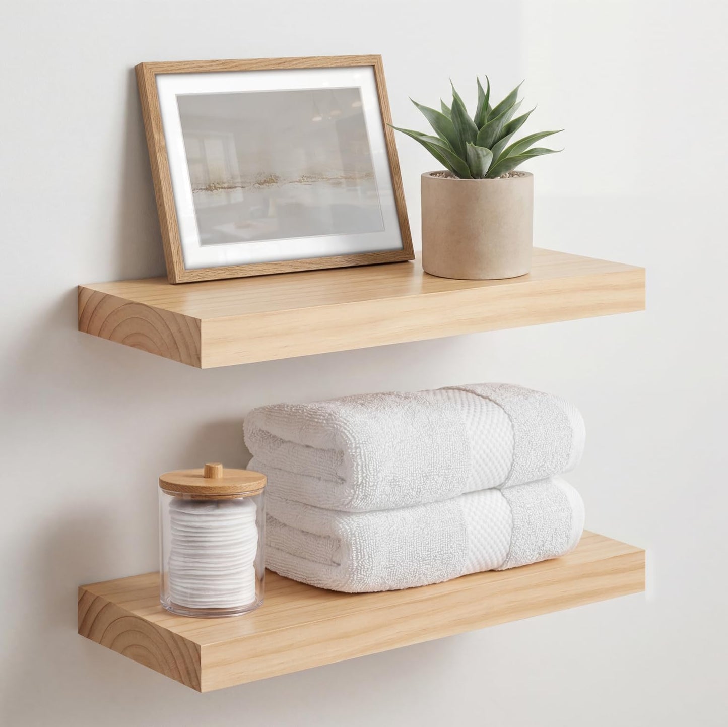 Homeforia 24 inch Natural Floating Shelf, High End Solid Real Wood 24inch Small Floating Shelves for Wall Mounted, Natural Wooden Floating Shelves, Heavy Duty Bracket, 24 X 6.5 X 1.75 in, Set of 2