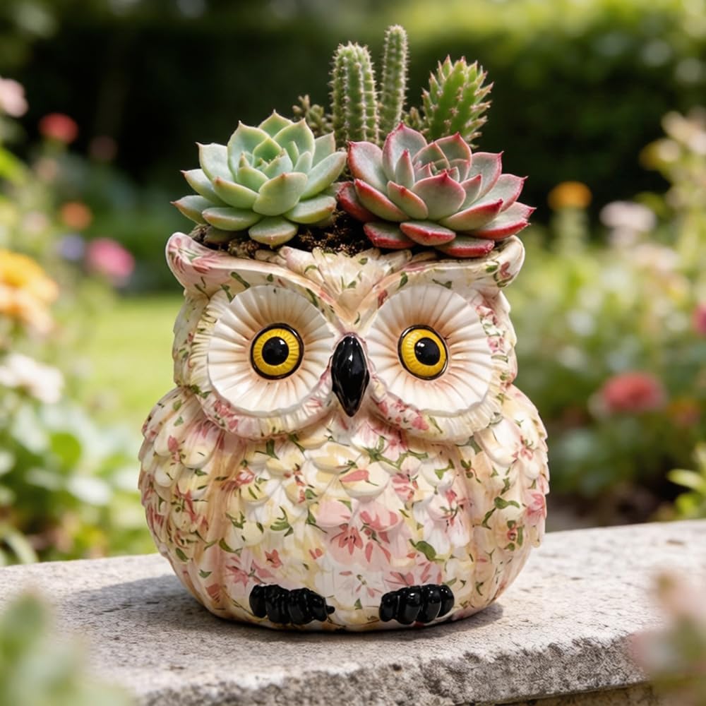Owl Planter, Owl Succulent Pots, Funny Plant Pots Indoor/Outdoor, Decorative Garden Flower Pot, Cute Small Planters for office Home Decor, Unique Statue Figurine Gifts for Women Mother Teacher Red