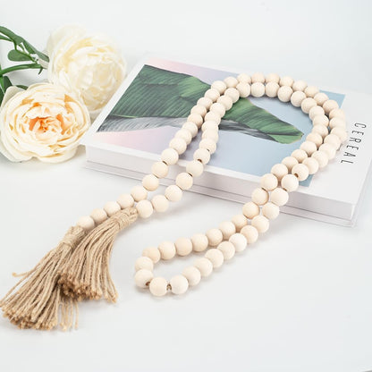 58in Wood Bead with Tassels – Boho Farmhouse Decor for Wall, Vase, Tray – Handmade Wooden Beads Home Decor