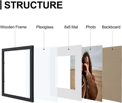 Vittanly 8x10 Picture Frames Set of 9, Shatter Resistant Plexiglass, Display 5x7 Pictures with Mat or 8x10 without Mat, Photo Frames for Wall or Tabletop, Engineered Wood, Black - Colors A