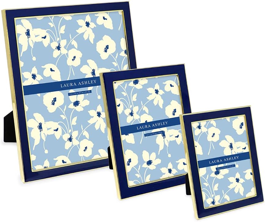 Laura Ashley 5x7 Navy Enamel Picture Frame, Gold Metal Edge with Easel, for Countertop, Counterspace, Tabletop Display, Bookshelf, Desk, Wall Décor, Photo Gallery (5x7, Navy W/Gold)