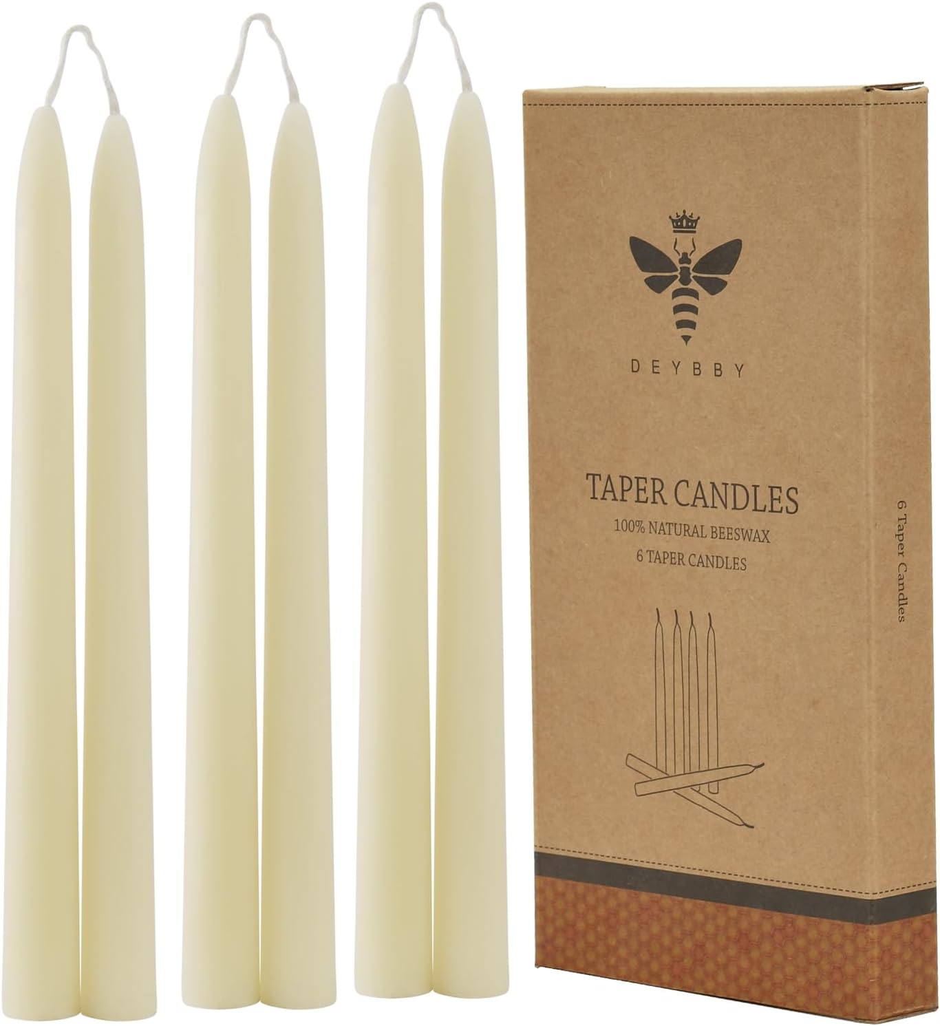 8'' Natural Ivory White Beeswax Taper Candles Set of 6, DEYBBY Smokeless and Dripless Beeswax Candles, Long Lasting Burning