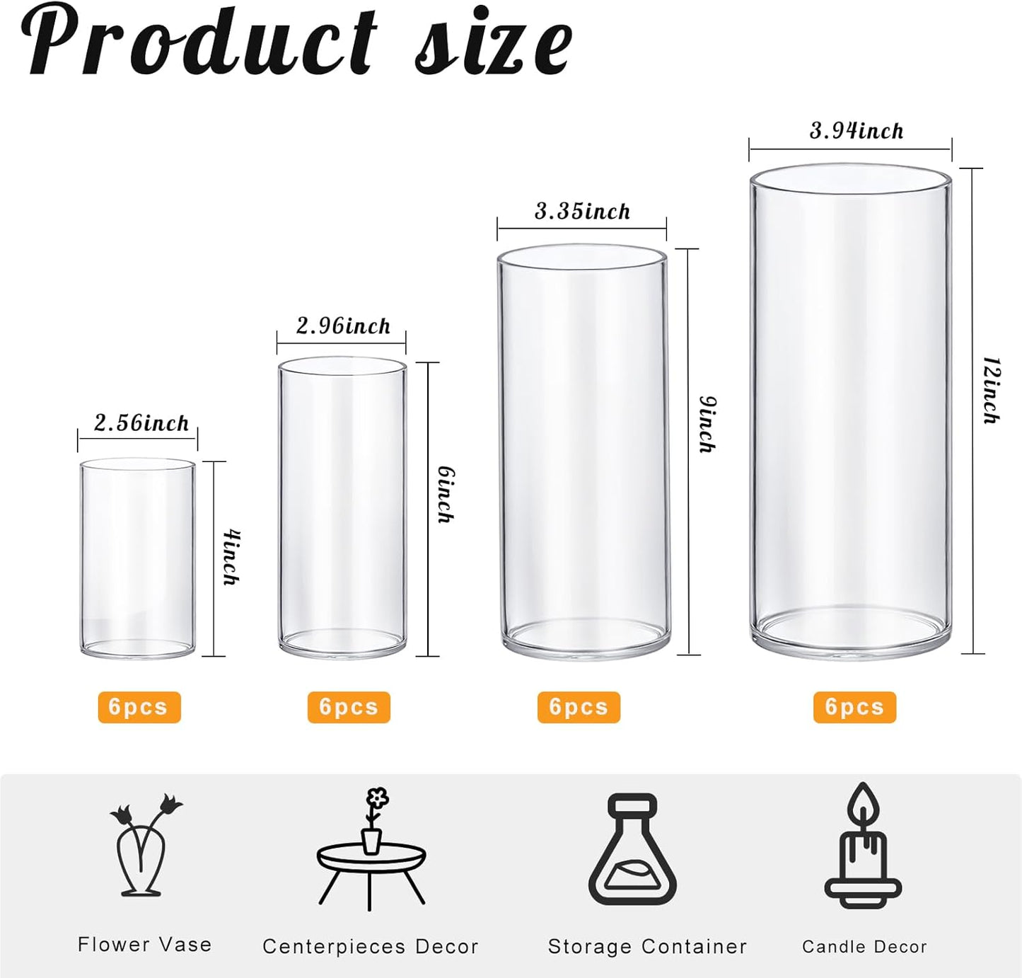 48 Pack Glass Cylinder Vases 4,6,8,10 Inch Tall Clear Flower Vase Hurricane Floating Candle Holder for Table Centerpiece Wedding Home Decor