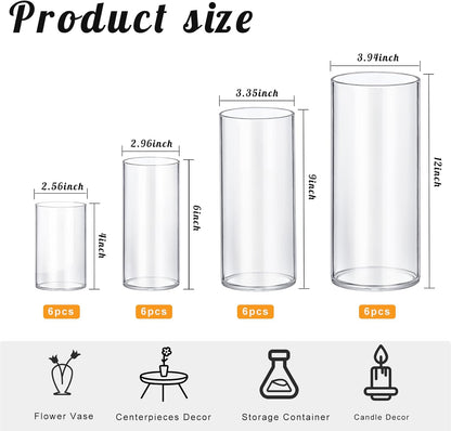 48 Pack Glass Cylinder Vases 4,6,8,10 Inch Tall Clear Flower Vase Hurricane Floating Candle Holder for Table Centerpiece Wedding Home Decor