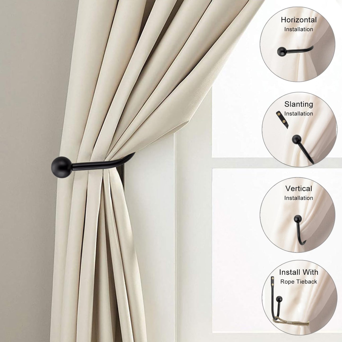 2 Pack Curtain Holdbacks - Silver, Decorative Drapery Wall Hooks with Hardware, Curtain Pull Back Hooks, Metal Curtain Tiebacks Wall Mounted, Window Side Holders for Drapes, Curtain Accessories