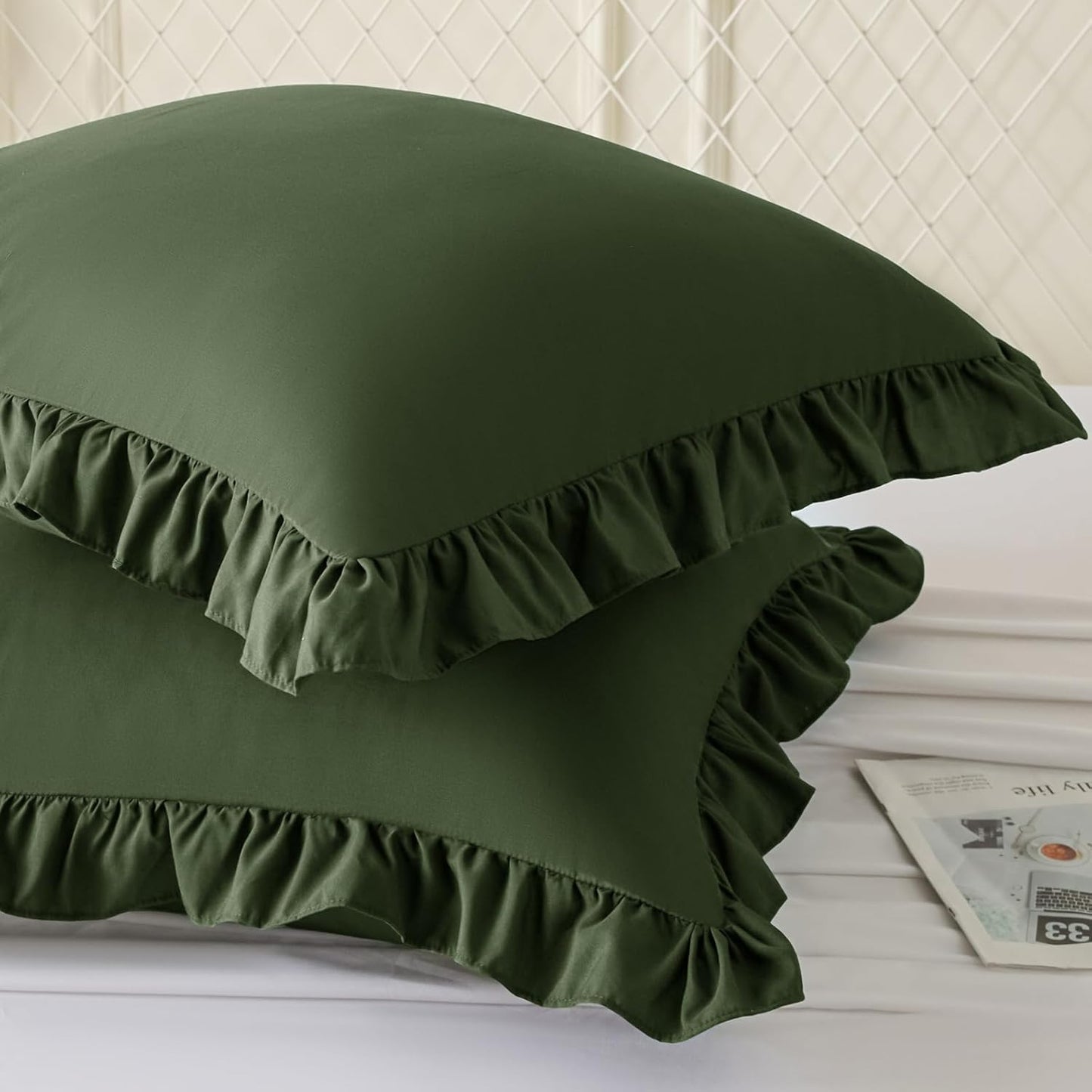 KKJIAF Ruffle Pillow Cases 26x26 Inches, White Square Ruffled Pillow Covers Set of 2, Microfiber Wrinkle Resistant Pillow Shams with Envelope Closure for Sofa Bed Living Room