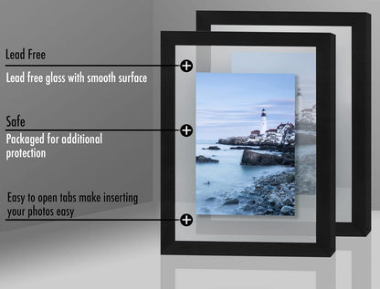 Americanflat 8.5x11 Floating Picture Frame with Polished Crystal-Clear Glass - Set of 2 - Use as 5x7 Frame or Display 4x6 Photo - Signature Float Collection - Photo Frames for Wall Display - Black