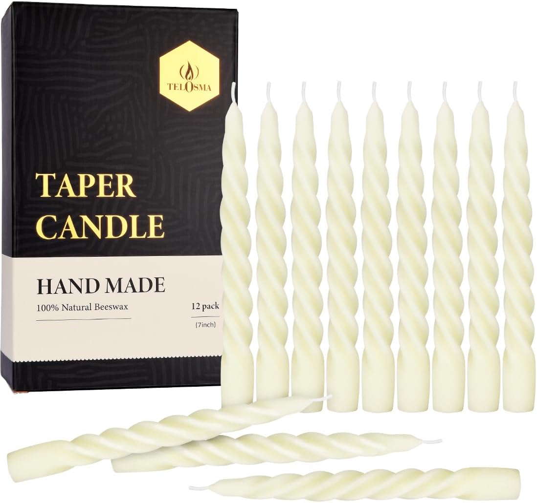 Beeswax Taper Candles Set of 4,Spiral Taper Candle Dripless Short Candle Sticks for Dinner Wedding Party Christmas Home Decorations - 7 inch in Height- Off White