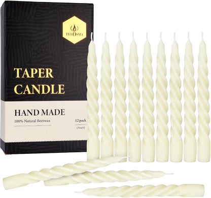 Beeswax Taper Candles Set of 4,Spiral Taper Candle Dripless Short Candle Sticks for Dinner Wedding Party Christmas Home Decorations - 7 inch in Height- Off White