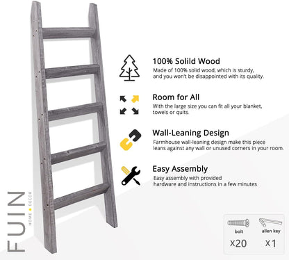 FUIN 5ft (58") Wood Blanket Ladder Living Room Decorative Wall Leaning Farmhouse Quilt Display Holder Storage Rustic Wooden Towel Rack for Bathroom, Brown