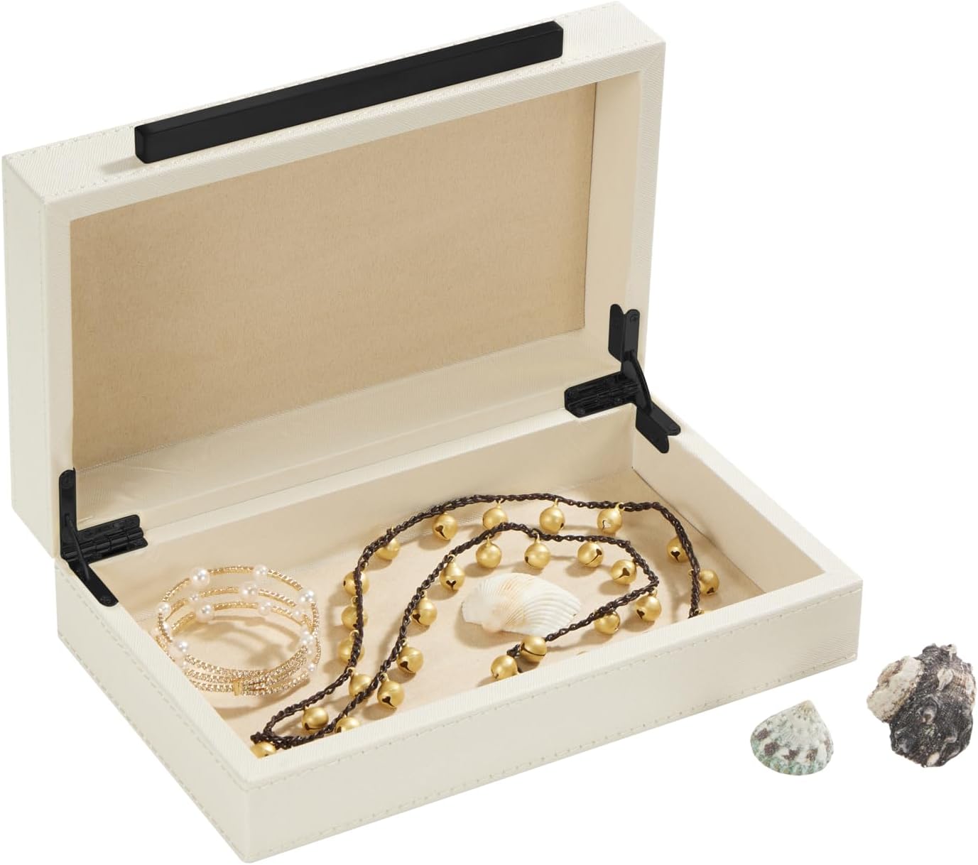 Sagala Set of 2 Ivory Shagreen Decorative Boxes With Brushed Gold Metal Handles, Faux Leather Jewelry Boxes Modern Storages Photo Memory Boxes Home Organizer Boxes (Ivory-Gold, 2pack)