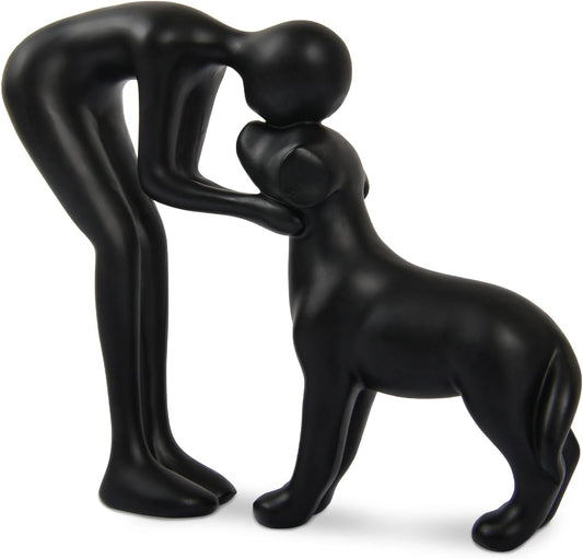 Abstract Resin Hand-Painted Sculpture of Person and Dog Bonding – Head-to-Head Intimate Figurine Decoration for Office、Living Room、Bedroom、Home， Memory Gifts for Pet Lovers (Sandstone)