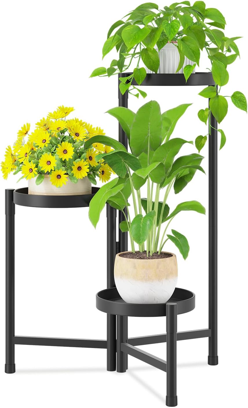 iDavosic.ly Plant Stand Indoor Outdoor, 5 Tier Corner Metal Flower Display Holder Shelf, Folding Tall Orchid Rack for Patio Balcony Porch Garden Living Room House, Black