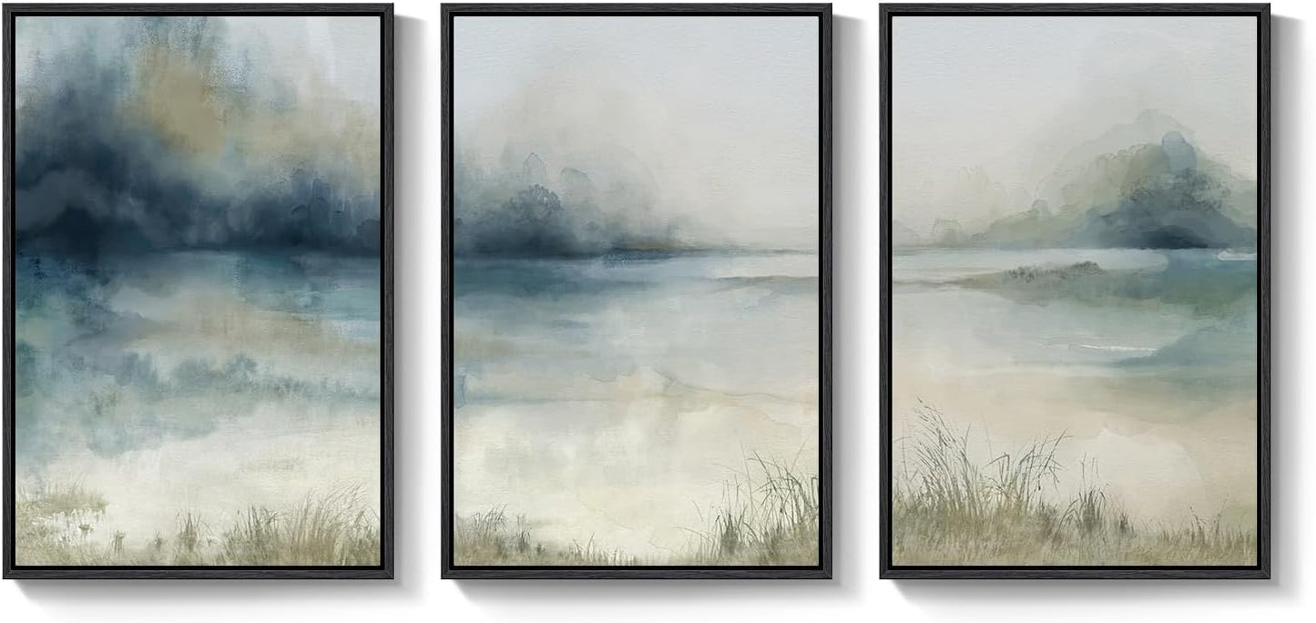 Large Framed Abstract Nature Landscape Wall Art for Living Room, Set of 3 Modern Canvas Prints Paintings Artwork for Walls, Green Lake Pictures for Hallway, Dining Room, Office Wall Decor 24x36 Inch