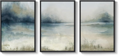 Large Framed Abstract Nature Landscape Wall Art for Living Room, Set of 3 Modern Canvas Prints Paintings Artwork for Walls, Green Lake Pictures for Hallway, Dining Room, Office Wall Decor 24x36 Inch