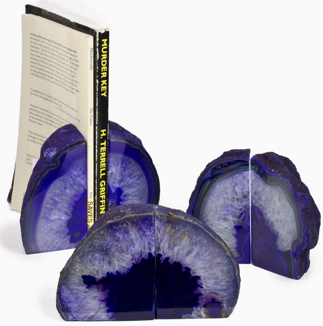 JIC Gem Dyed Blue Agate Bookends Geode Decorative Book Ends for Heavy Books with Rubber Bumpers for Office and Home Decoration Polished Small Size 2 to 3 Lbs
