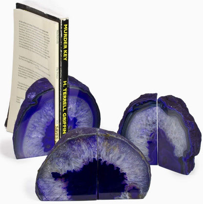 JIC Gem Dyed Blue Agate Bookends Geode Decorative Book Ends for Heavy Books with Rubber Bumpers for Office and Home Decoration Polished Small Size 2 to 3 Lbs