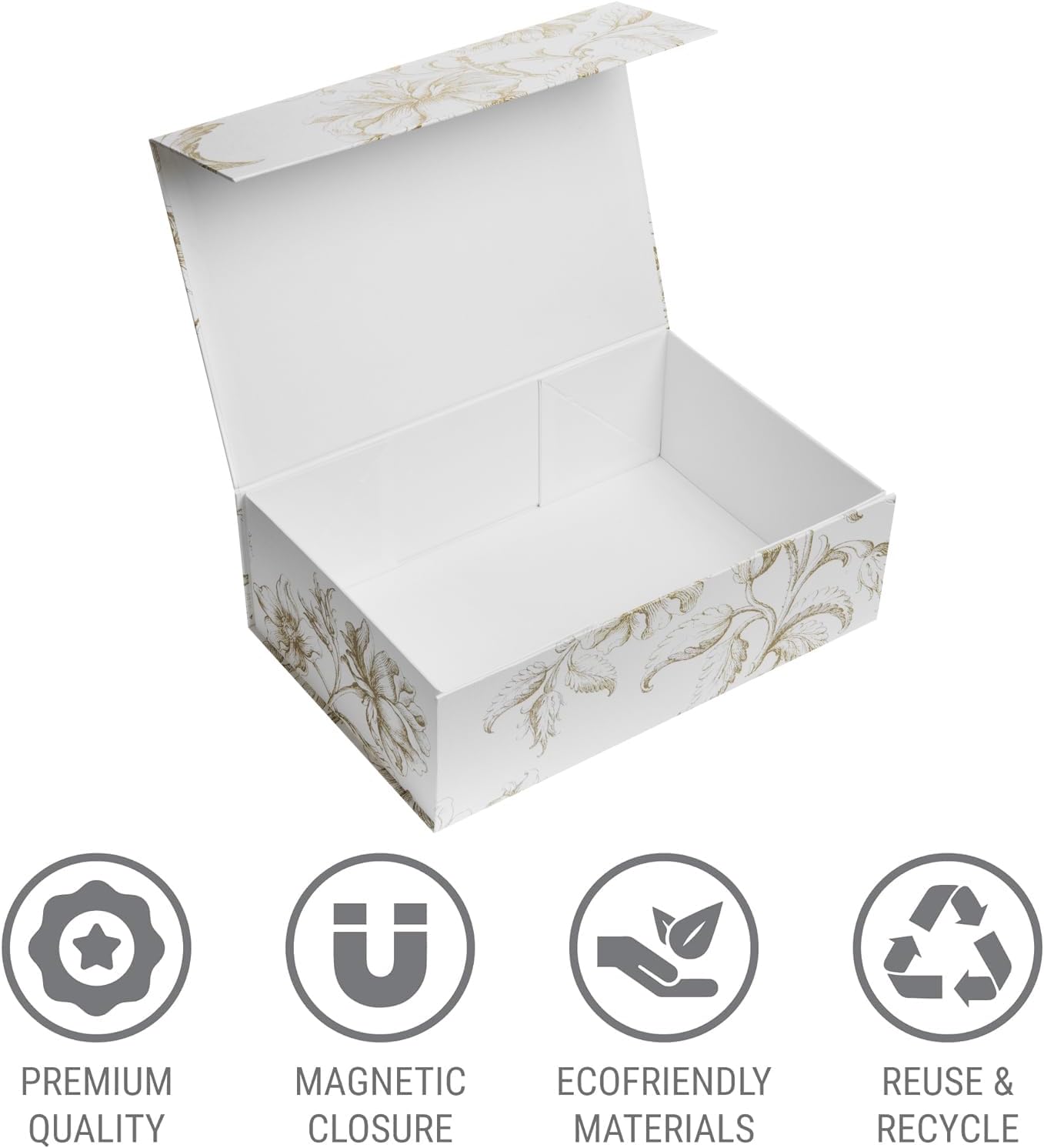 Luxury Keepsake Gift Box | Gold Floral Decorative Boxes with Magnetic Lids for Presents, Wedding Memory Box, and Bridal Gifts. 11.5" x 7.5" x 3.5"
