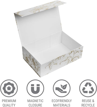 Luxury Keepsake Gift Box | Gold Floral Decorative Boxes with Magnetic Lids for Presents, Wedding Memory Box, and Bridal Gifts. 11.5" x 7.5" x 3.5"