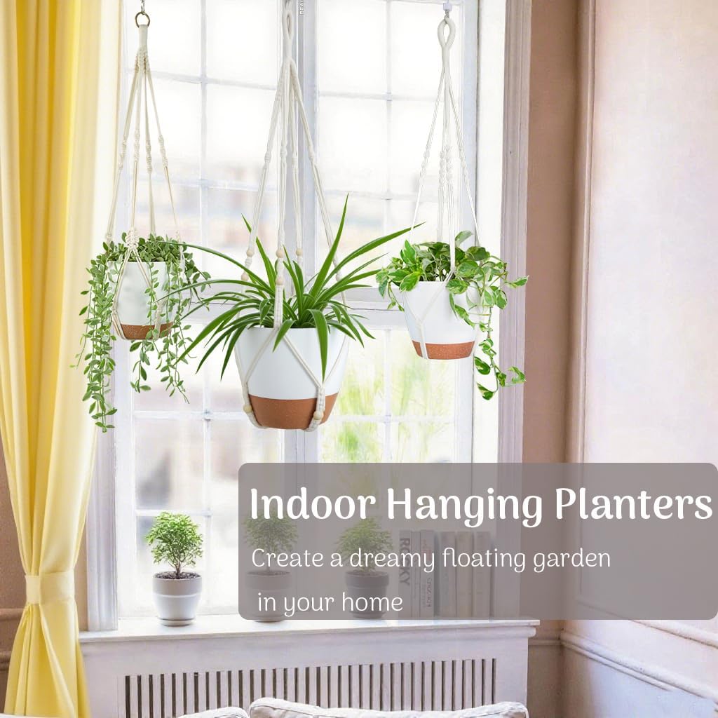 Bouqlife Hanging Planters with Macrame Plant Hangers for Indoor Outdoor Plants 3 Set Self Watering Pots Hanging Baskets Flower Pot Holders 3 Different Size