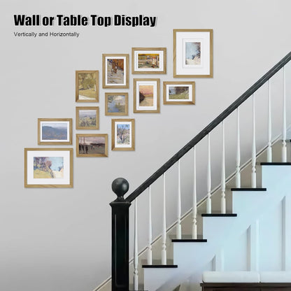 Egofine Picture Frame Set 12 Pack, Picture Frames Collage Wall Decor with Two 11x14, Two 8x10, Four 5x7, Four 4x6 for Wall and Tabletop, Made of Solid Wood, Covered by Plexiglass, Natural Wood