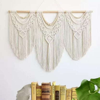 oiikain Large Handmade Boho Macrame Wall Hanging Tapestry - Chic Bohemian Woven Home Decor art for Living Room, Bedroom, and Wedding Parties (Beige, twelve rhombus)