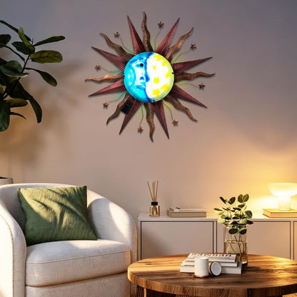 Large Metal Sun Wall Decor Outdoor, 27 Inch Sun and Moon Decor Metal Wall Art, 3D Sun Wall Decor for Patio Garden Yard Fence Bedroom Living Room Decoration