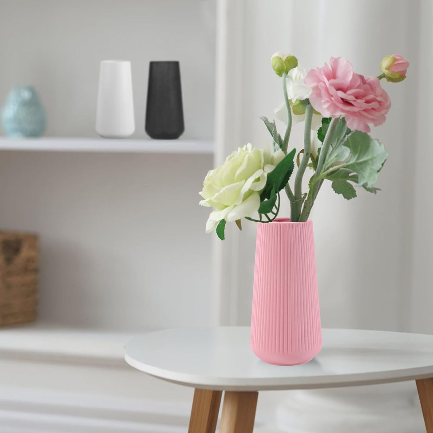 White Ceramic Vase, GUKJOB Small Cute Flower Vase for Pampas Grass, Home, Living Room, Dining Table, Farmhouse, Office Decor, Bedroom, Table, and Kitchen Shelf (White)