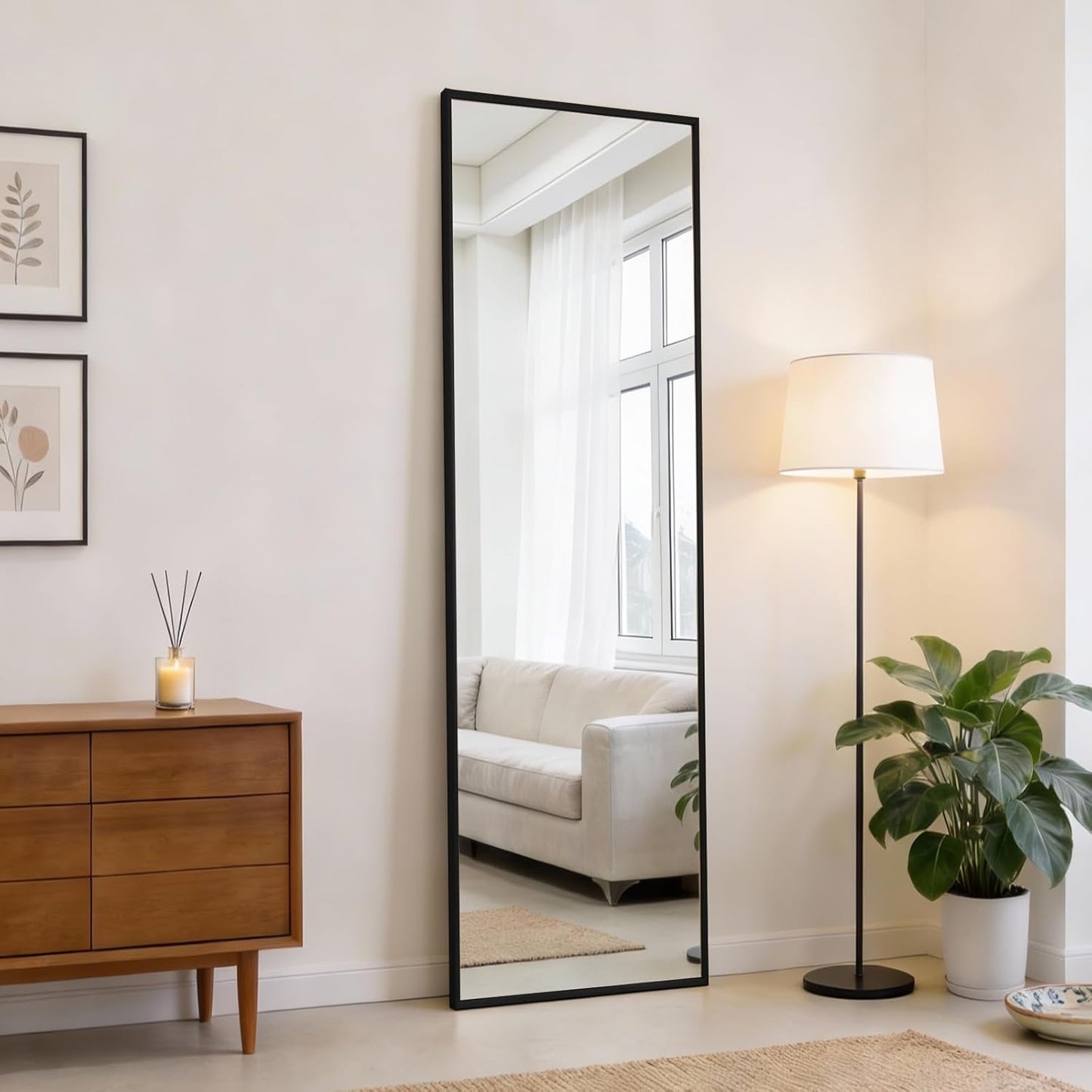 DUMOS Arched Full Length Mirror with Stand 64"x21" Floor Standing Aluminum Frame for Bedroom Body Hanging Leaning Modern Simple Home Decor Shatter-proorf Nano Glass Wall Living Room Cloakroom Black
